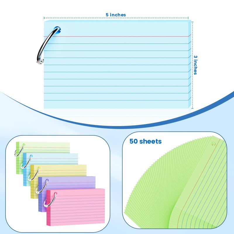 AILZFEI 250 Count Index Cards 3x5 Inch with Key Ring, 180gsm Heavy Weight Colored Flash Cards 5 Color Assortment (50 Sheets Each), Note Taking for Students, Teachers, Study Note Cards for Office Home School - Image 2